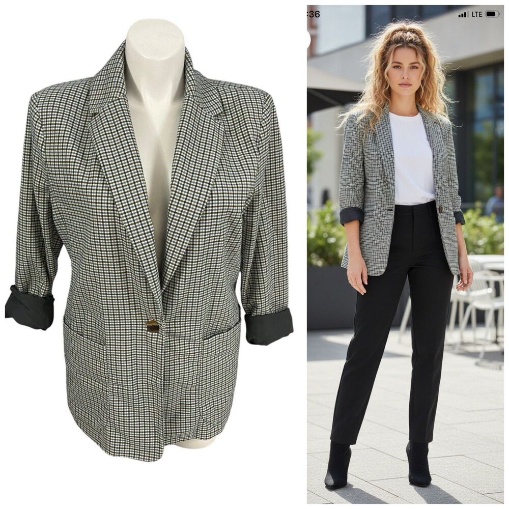 A New Day Blazer Womens Large Jacket Blue Plaid Career Professional Work Office